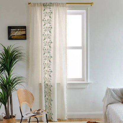 Willow Floral Elegance Tassel Curtain | Cotton-Linen Blend, Farmhouse