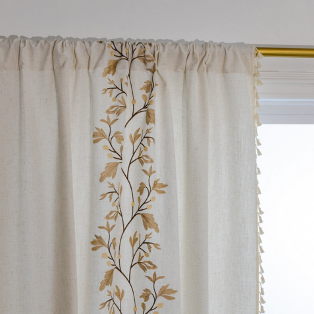 Willow Floral Elegance Tassel Curtain | Cotton-Linen Blend, Farmhouse