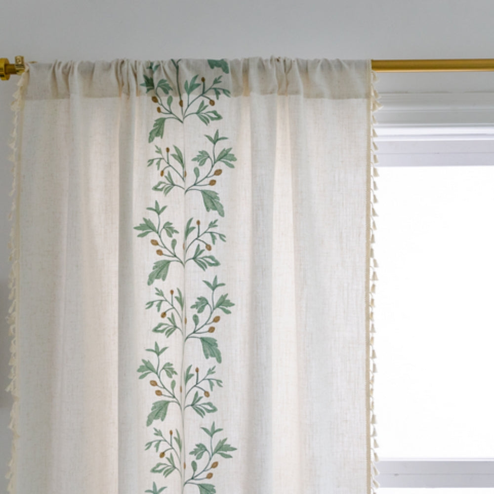 Willow Floral Elegance Tassel Curtain | Cotton-Linen Blend, Farmhouse