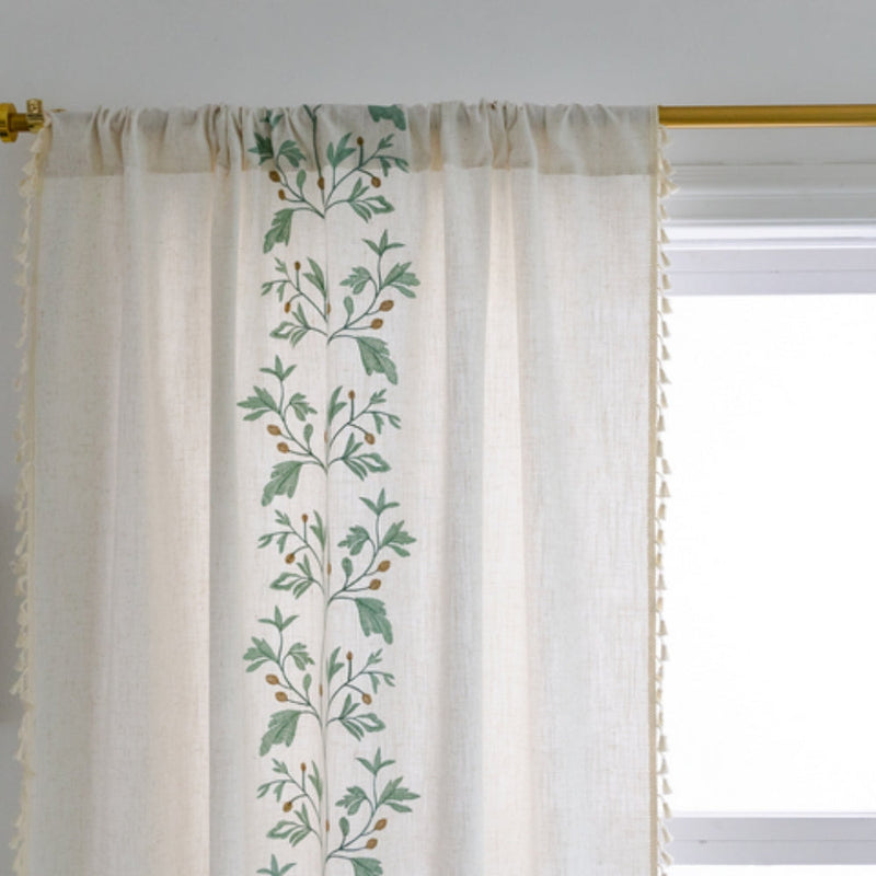 Willow Floral Elegance Tassel Curtain | Cotton-Linen Blend, Farmhouse