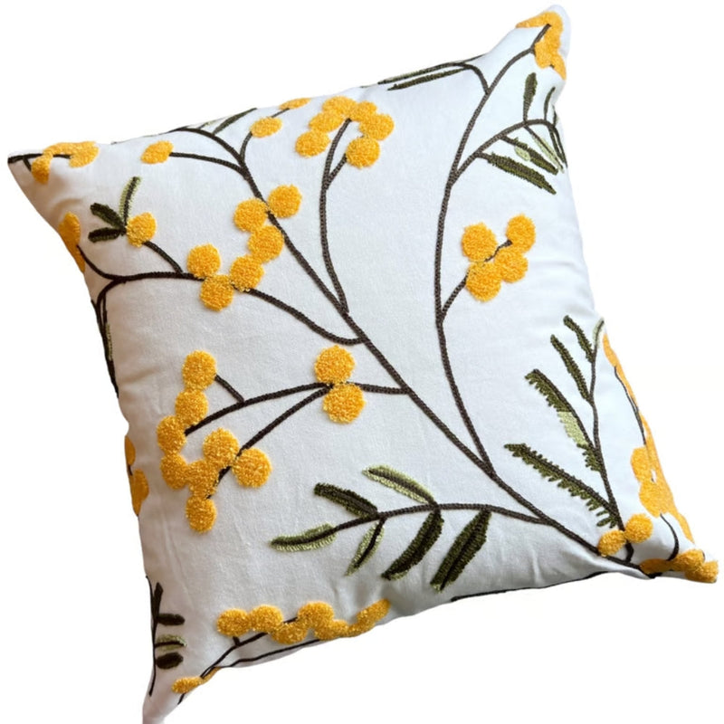 Kestrel Yellow Bloom & Leaf Embroidery Cushion Cover | Embroidered, Living Room