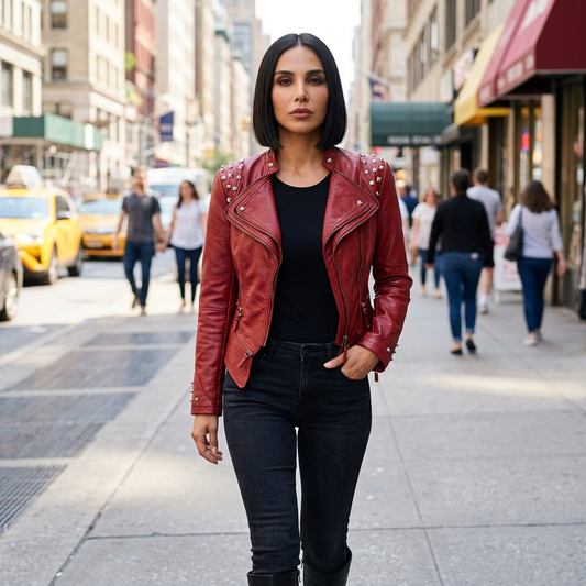 Chaqueta de Moto para Mujer Raven | Hombros con Tachuelas en Pirámide, Detalle de Múltiples Cremalleras