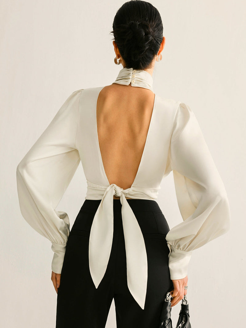Kira Women's Pleated Blouse | Satin, Backless, Long Sleeve