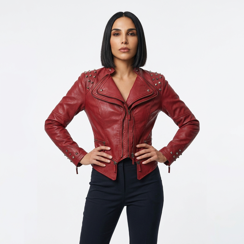 Veste motard pour femme Raven | Épaules cloutées en pyramide, détails multi-zips