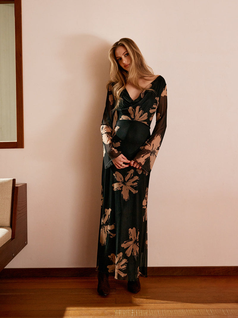 Genevieve Women's Printed Dress | Floral, Mesh, Cowl Neck
