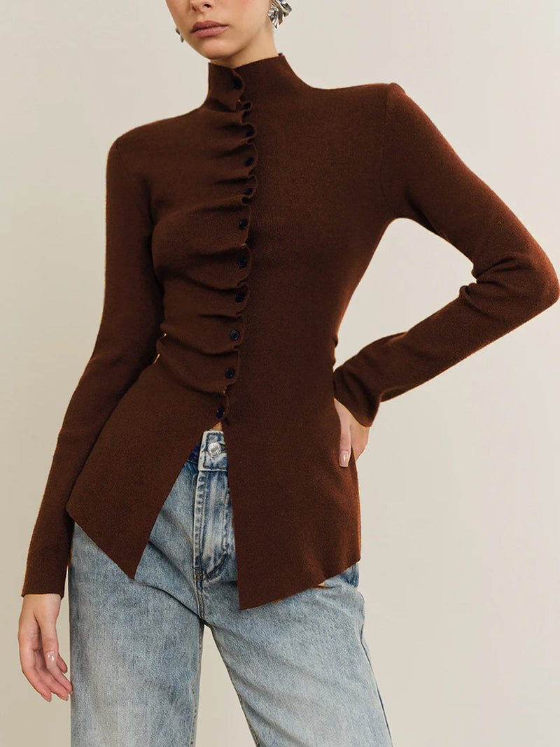 Genevieve Women's Pleated Top | Knit, Long Sleeve, Button