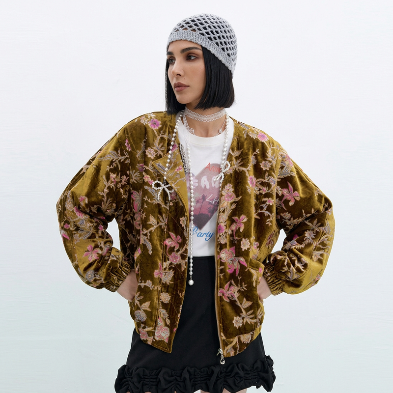 Chaqueta de Invierno para Mujer Evelyn | Terciopelo Dorado, Estilo Vintage