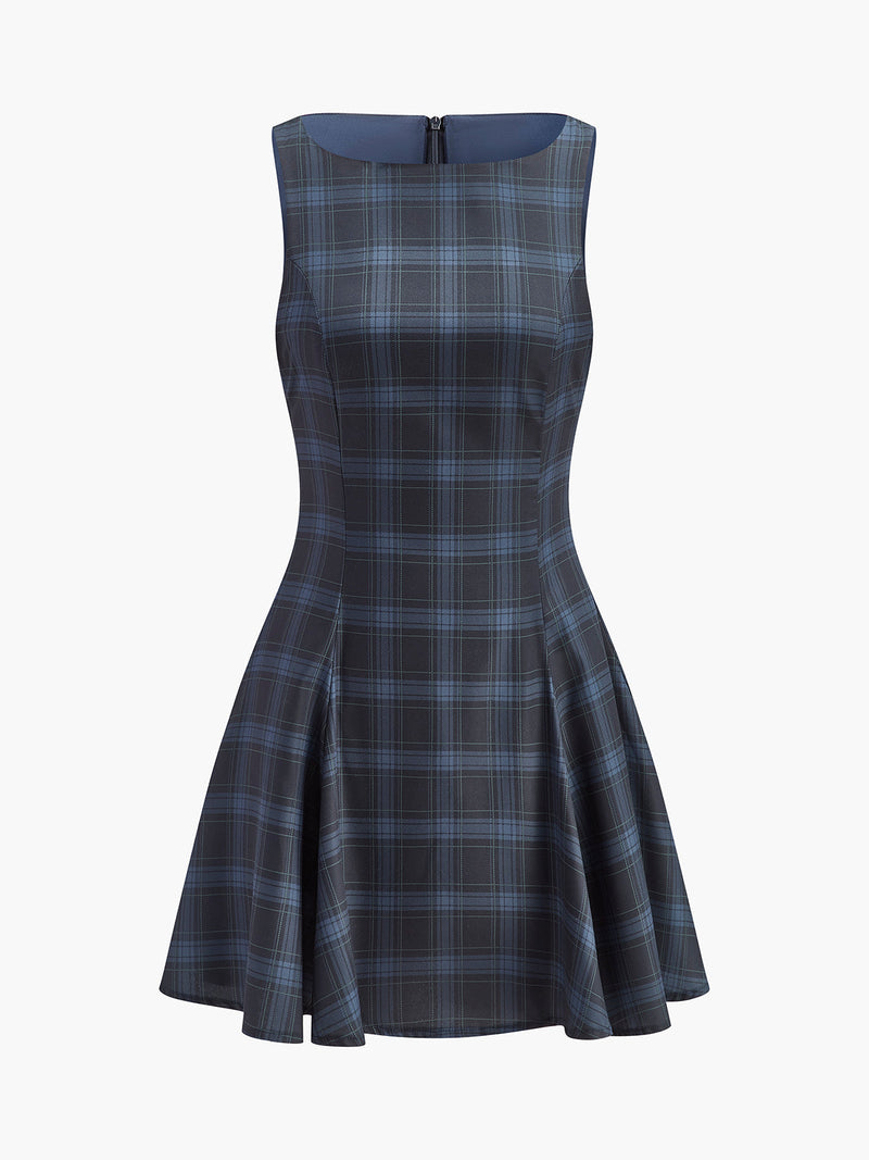 Noor Women's Pleated Dress | Checked, Crew Neck, Sleeveless