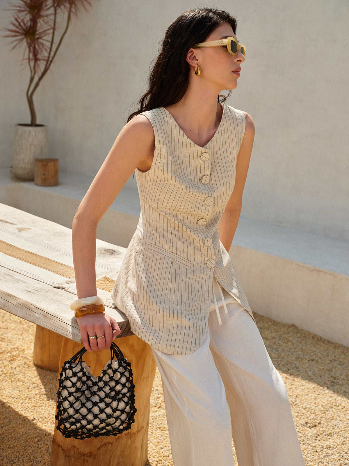 Rhea Women's Linen Vest - fabric and finish detail