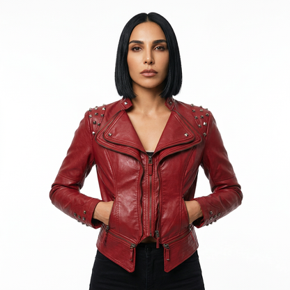 Veste motard pour femme Raven | Épaules cloutées en pyramide, détails multi-zips