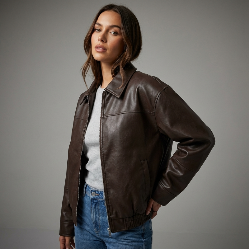 Chaqueta de cuero vegano para mujer Sienna | Cierre frontal, Silueta relajada