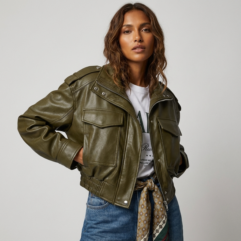 Chaqueta Utilitaria Cortada para Mujeres Maribel | Diseño con Cremallera Frontal, Detalle de Bolsillo en el Pecho