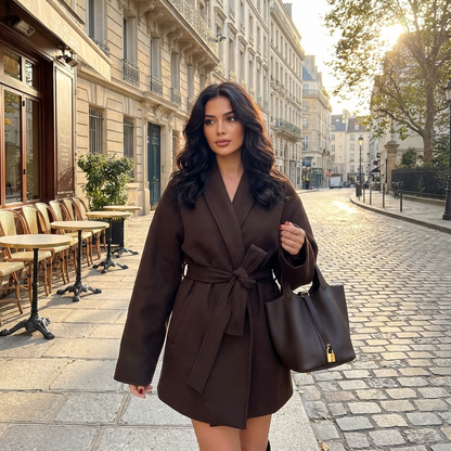 North Serena Women’s Belted Wrap Coat | Shawl Collar, Short Length
