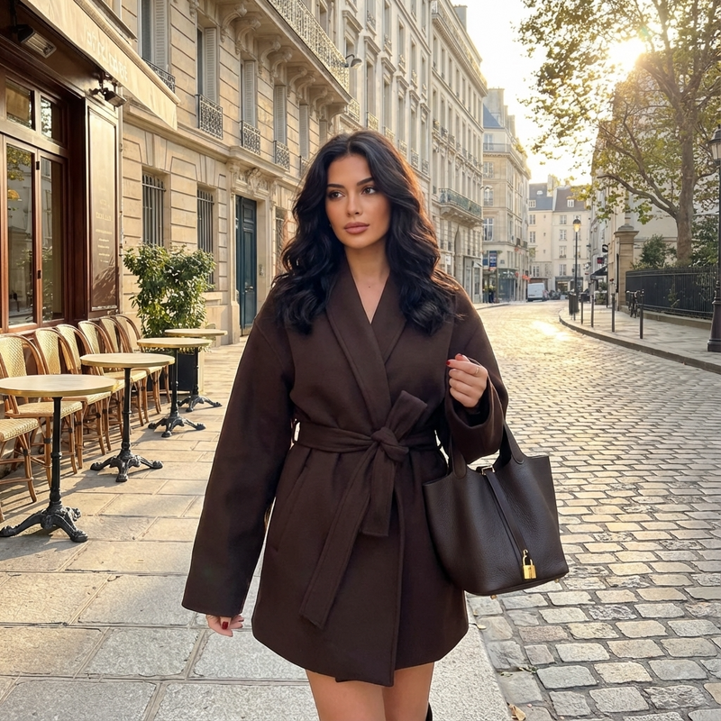 North Serena Women’s Belted Wrap Coat | Shawl Collar, Short Length