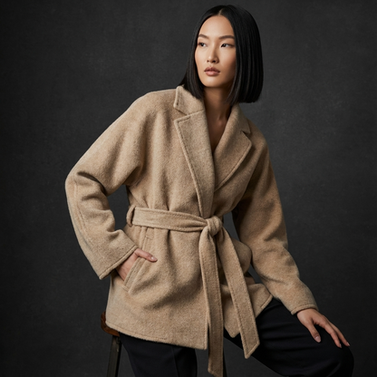 Maren Women's Belted Wrap Jacket | Camel Wool Texture, Notch Lapel Collar