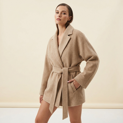 Maren Women's Belted Wrap Jacket | Camel Wool Texture, Notch Lapel Collar