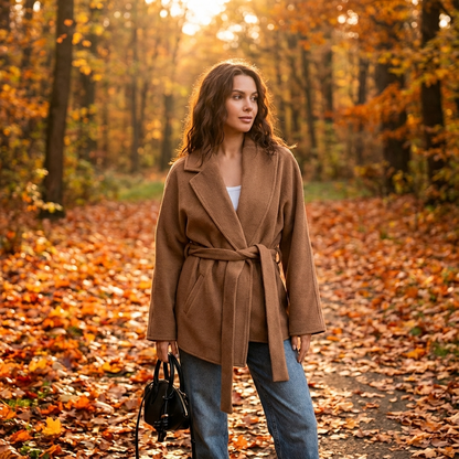 Maren Women's Belted Wrap Jacket | Camel Wool Texture, Notch Lapel Collar