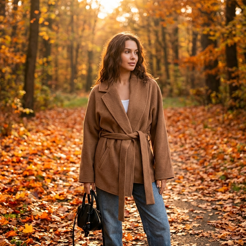 Maren Women's Belted Wrap Jacket | Camel Wool Texture, Notch Lapel Collar