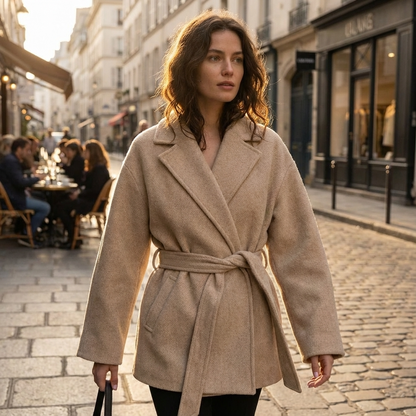 Maren Women's Belted Wrap Jacket | Camel Wool Texture, Notch Lapel Collar