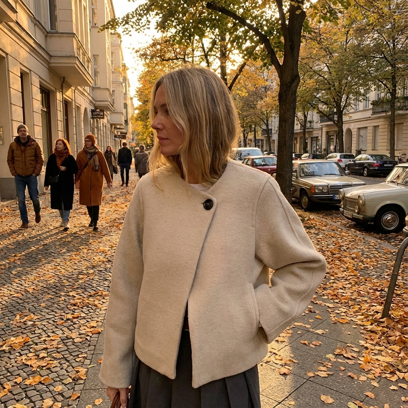 Manteau court femme Isla | Tissu mélangé laine, bouton unique remarquable