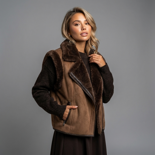 Veste sans manches en fausse fourrure femme Iris | Panneau avant en suède, col à revers en peluche