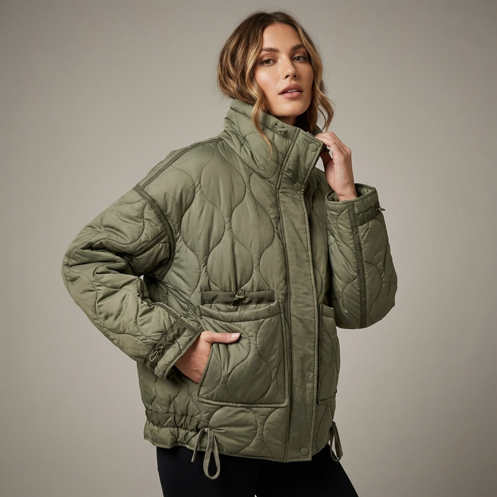 Chaqueta Acolchada con Cuello Alto para Mujeres Aria | Cierre Frontal con Cremallera, Bolsillos de Parche