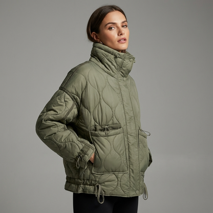 Chaqueta Acolchada con Cuello Alto para Mujeres Aria | Cierre Frontal con Cremallera, Bolsillos de Parche