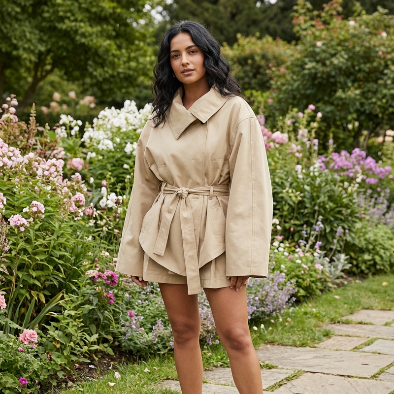 Trench court pour femmes Arlette | Taille ceinturée, manches oversize