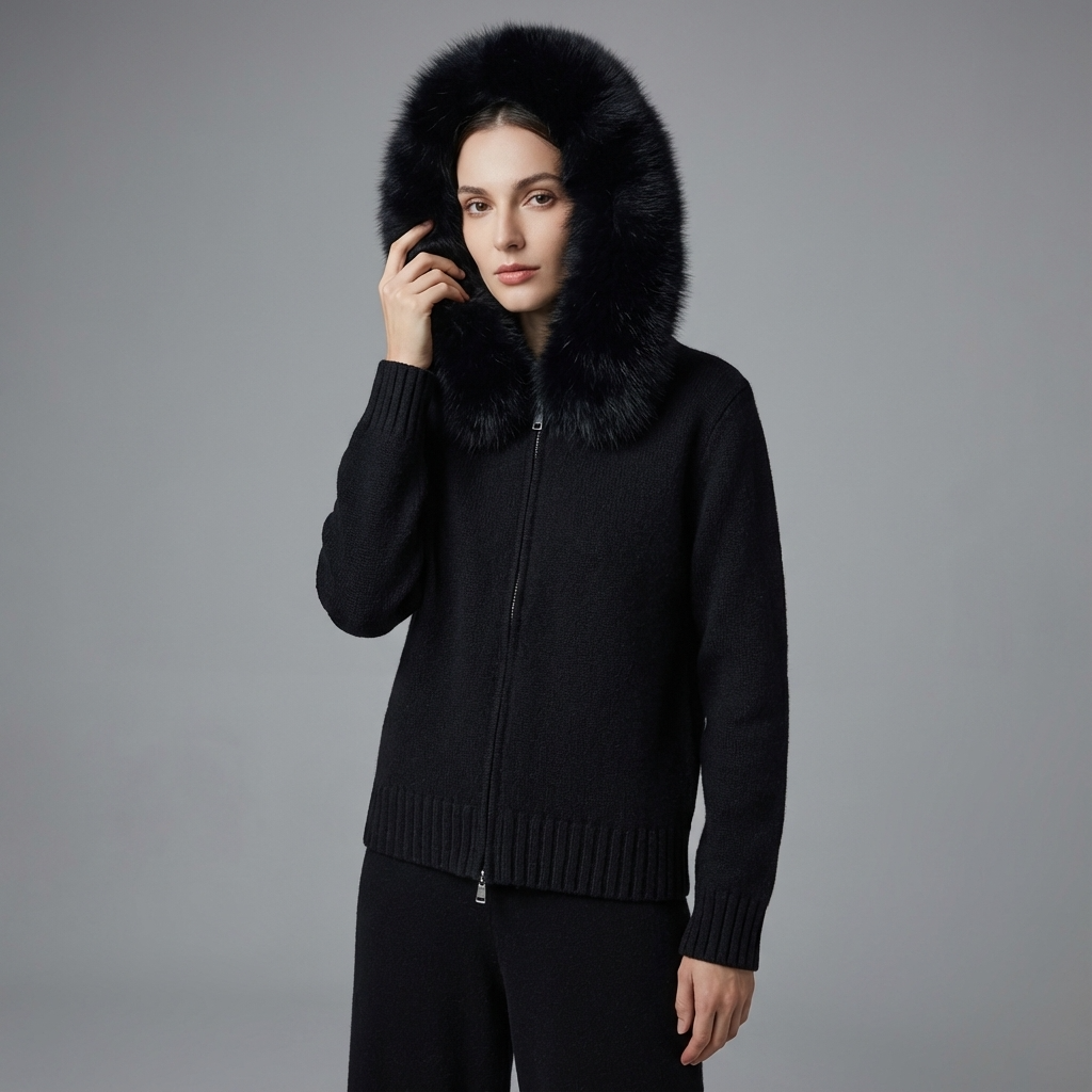 Veste à capuche en maille pour femmes Elowen | Fermeture éclair sur le devant, bordure en fausse fourrure