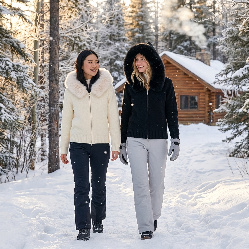 Veste à capuche en maille pour femmes Elowen | Fermeture éclair sur le devant, bordure en fausse fourrure