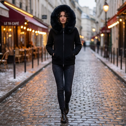 Veste à capuche en maille pour femmes Elowen | Fermeture éclair sur le devant, bordure en fausse fourrure