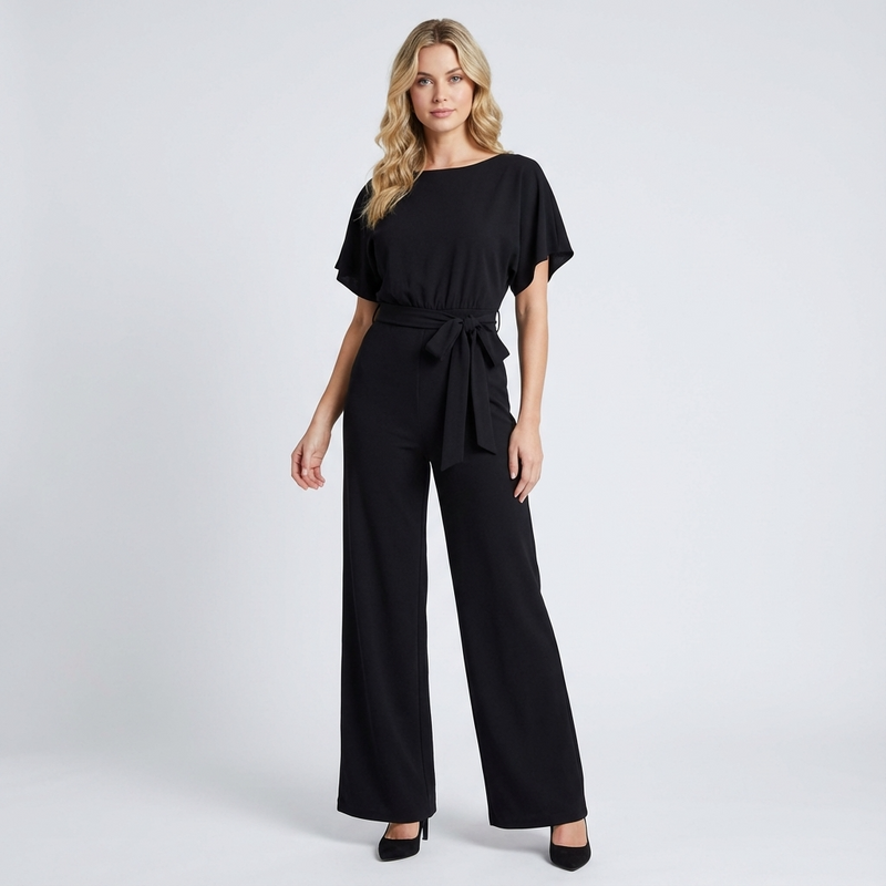 Mono Delilah de Pierna Ancha para Mujer | Escote Barco, Cinturón con Lazo