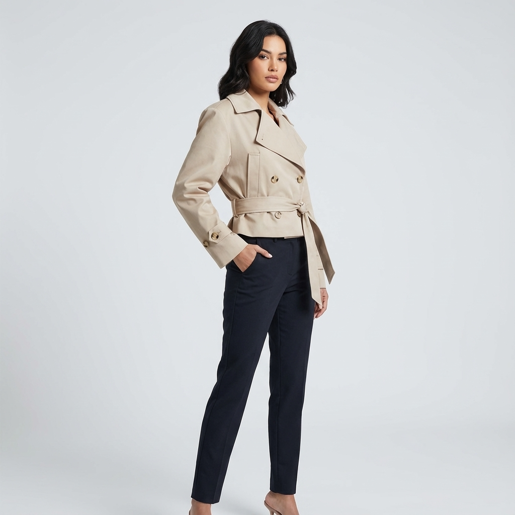 Trench-coat court pour femmes Elodie | Croisé, taille ceinturée