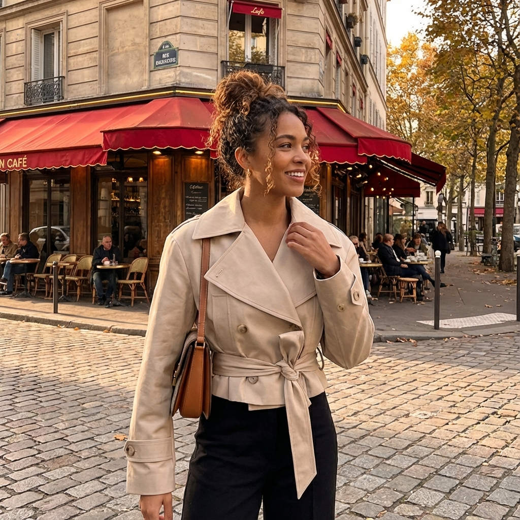 Trench-coat court pour femmes Elodie | Croisé, taille ceinturée