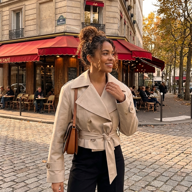 Trench-coat court pour femmes Elodie | Croisé, taille ceinturée