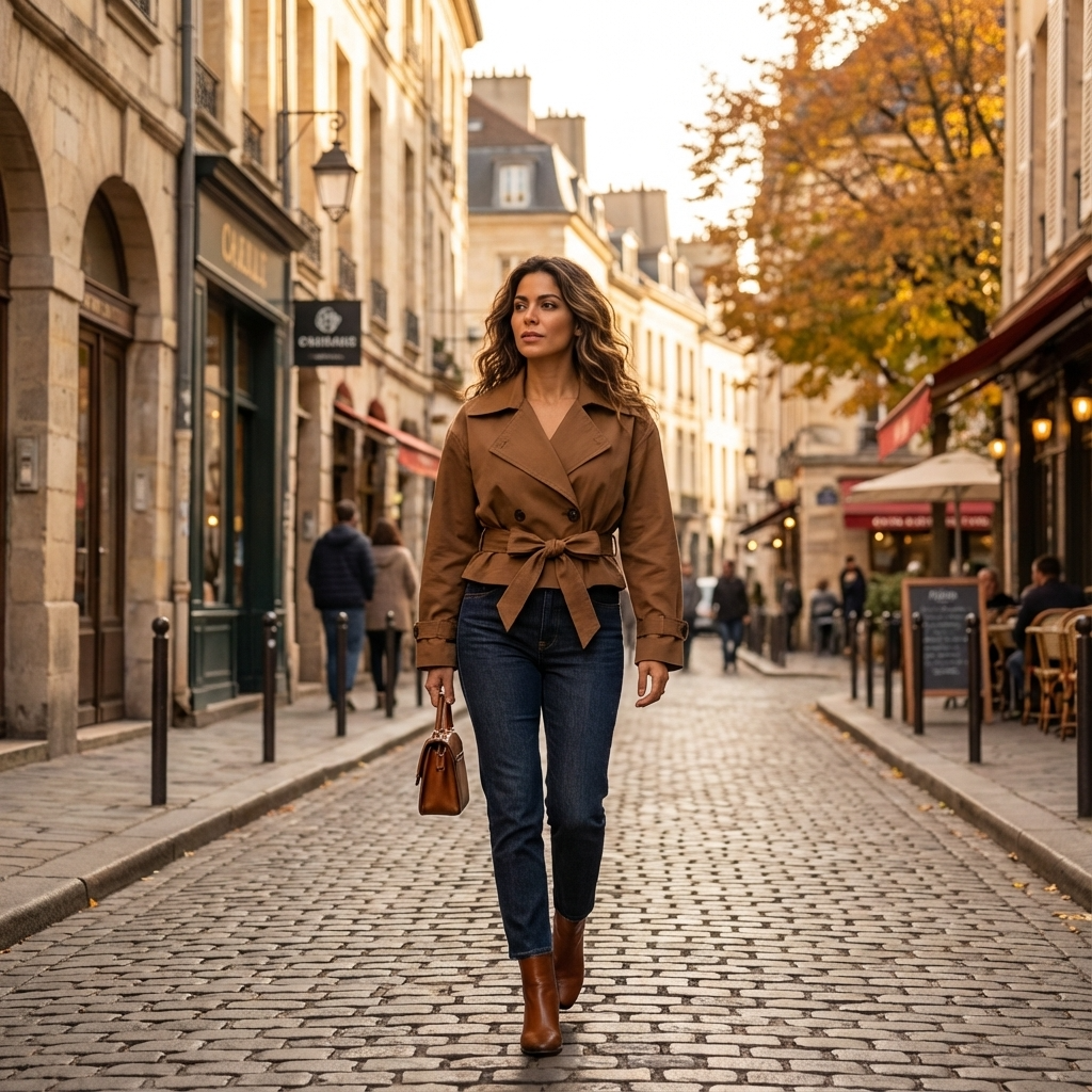 Trench-coat court pour femmes Elodie | Croisé, taille ceinturée