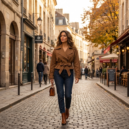 Trench-coat court pour femmes Elodie | Croisé, taille ceinturée