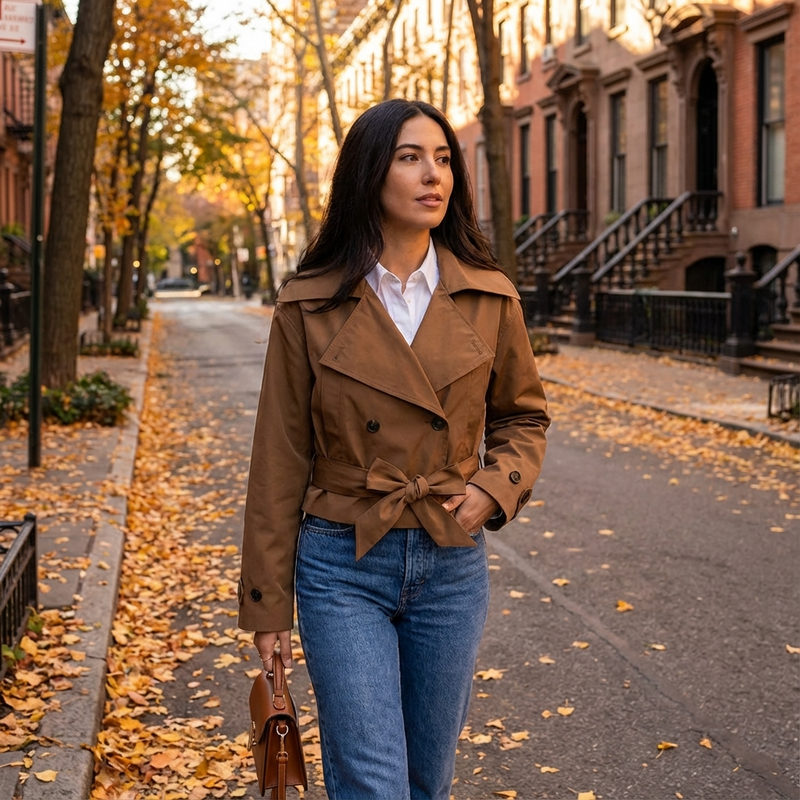 Trench-coat court pour femmes Elodie | Croisé, taille ceinturée