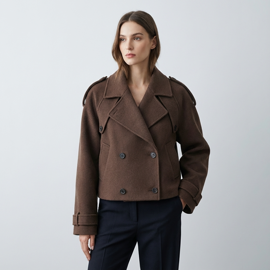 Trench Corto para Mujeres Elara | Tejido de Mezcla de Lana, Frente con Doble Botón