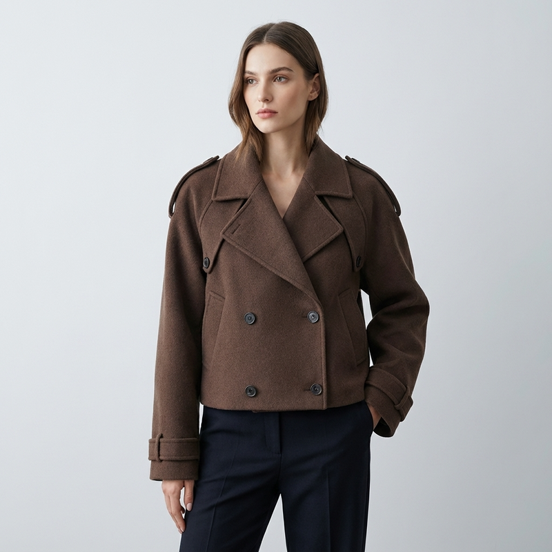 Trench Corto para Mujeres Elara | Tejido de Mezcla de Lana, Frente con Doble Botón