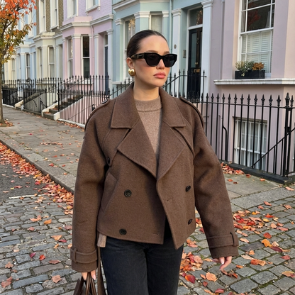 Trench Corto para Mujeres Elara | Tejido de Mezcla de Lana, Frente con Doble Botón