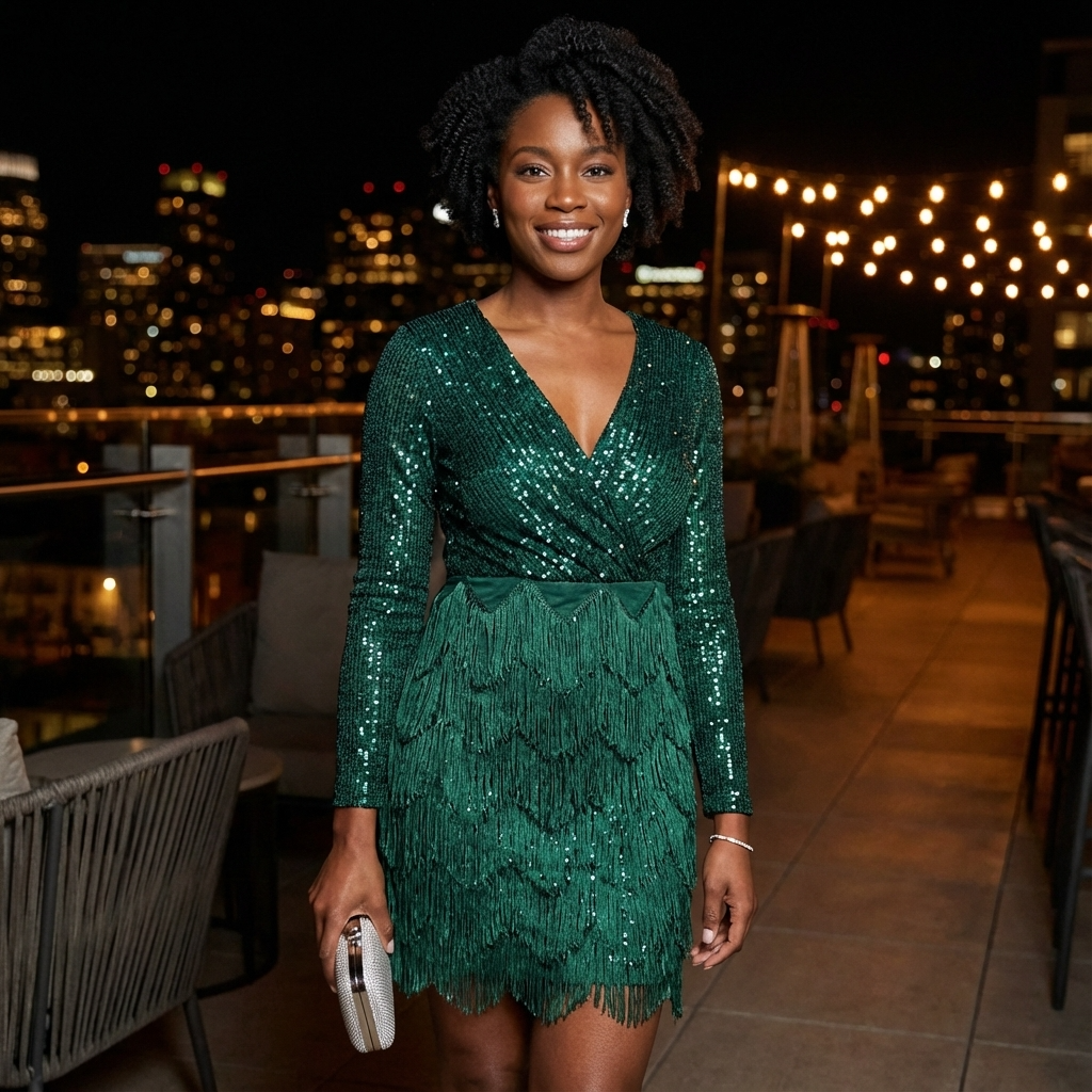 Robe mini à sequins manches longues pour femmes Aurielle | Encolure en V, franges à étages