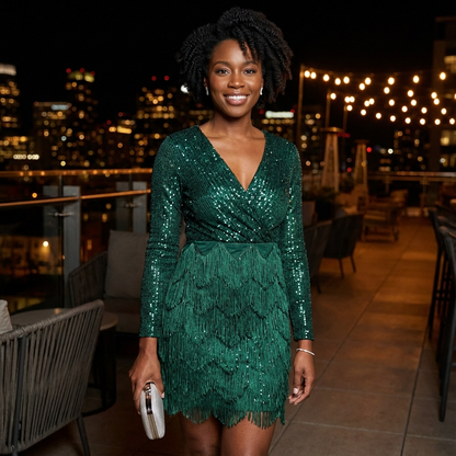 Robe mini à sequins manches longues pour femmes Aurielle | Encolure en V, franges à étages