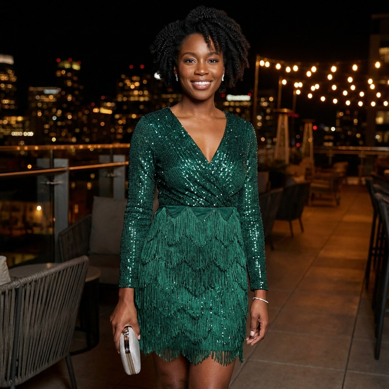 Robe mini à sequins manches longues pour femmes Aurielle | Encolure en V, franges à étages