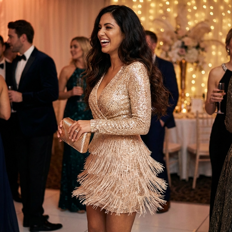 Robe mini à sequins manches longues pour femmes Aurielle | Encolure en V, franges à étages