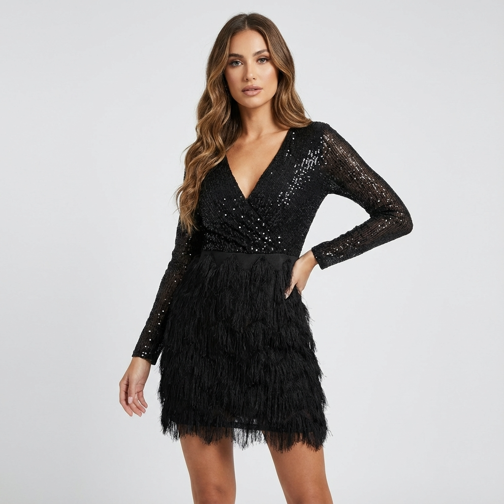 Robe mini à sequins manches longues pour femmes Aurielle | Encolure en V, franges à étages