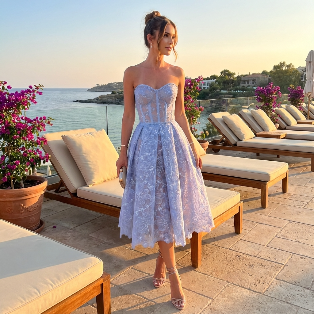 Robe midi bustier en dentelle pour femmes Seraphina | Encolure cœur, jupe évasée