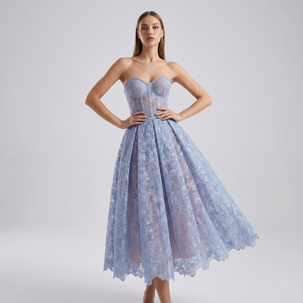 Robe midi bustier en dentelle pour femmes Seraphina | Encolure cœur, jupe évasée