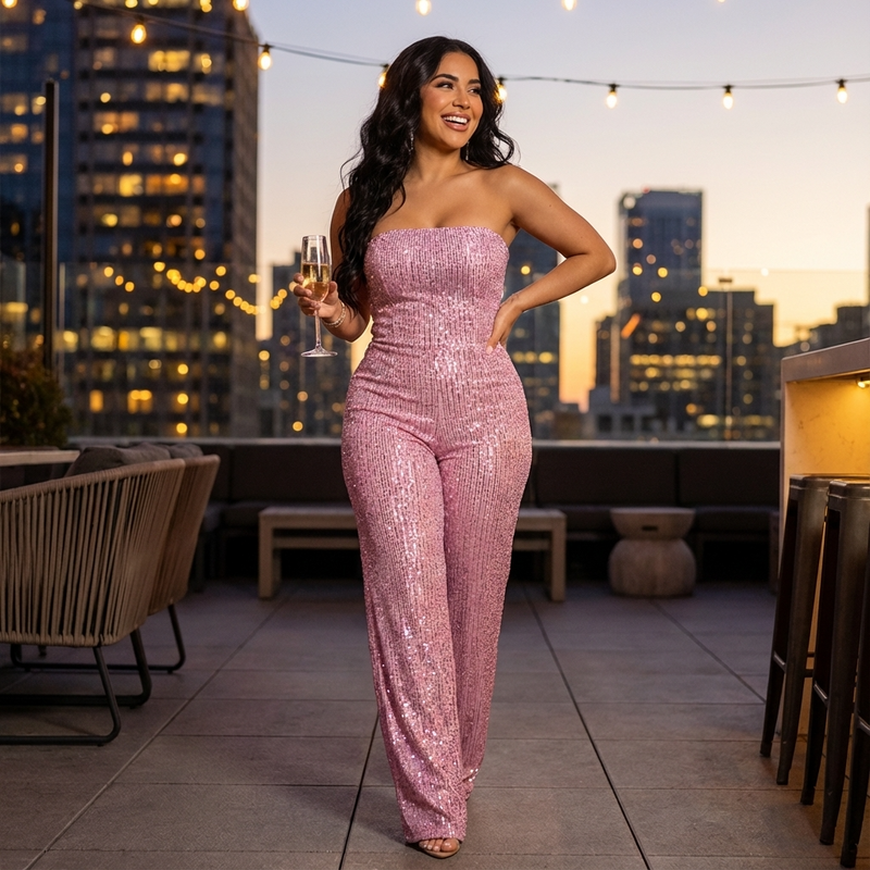 Combinaison Bustier Pailletée pour Femme Elara | 95% Polyester 5% Spandex, Pantalon Large Élégant