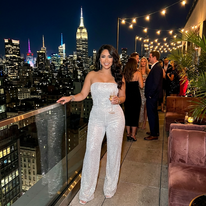 Combinaison Bustier Pailletée pour Femme Elara | 95% Polyester 5% Spandex, Pantalon Large Élégant